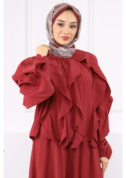Bordo Bluz Fırfırlı Etekli Takım fırsatları