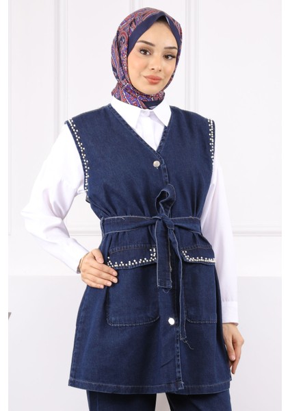 Lacivert Inci Detaylı Kot Yelek Pantolonlu Takım fırsatları