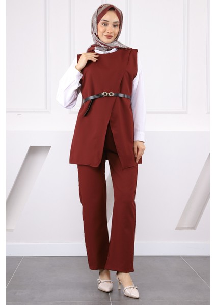 Bordo Omuz Düğmeli Yelek Pantolonlu Takım