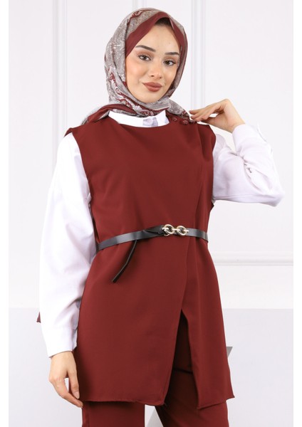 Bordo Omuz Düğmeli Yelek Pantolonlu Takım fırsatları