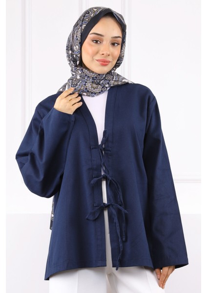 Lacivert Ön Bağlamalı Kimono