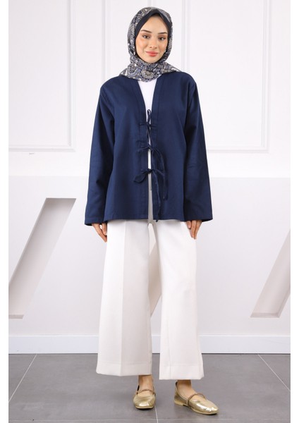 Lacivert Ön Bağlamalı Kimono