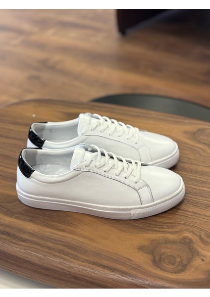 4253 Beyaz Siyah Detay Hakiki Deri Erkek Sneakers - Erkek Spor Ayakkabı