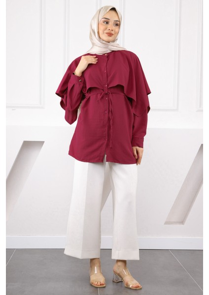 Bordo Pelerin Detaylı Hakim Yaka Gömlek modelleri