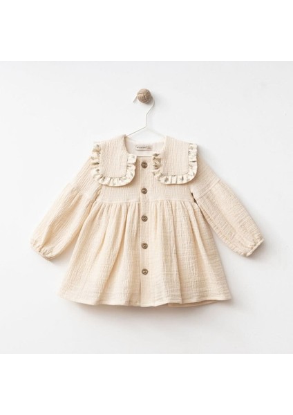 W1055 Kız Bebek Fırfırlı Kare Yaka Uzun Kollu Elbise