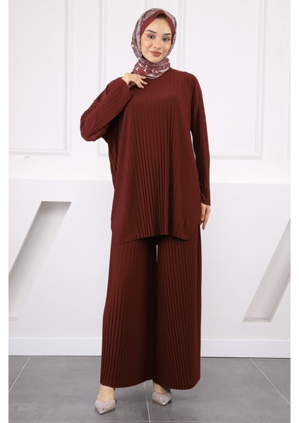 Bordo Piliseli Sandy Tunik Pantolon Takım