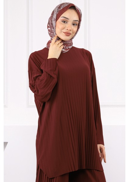 Bordo Piliseli Sandy Tunik Pantolon Takım