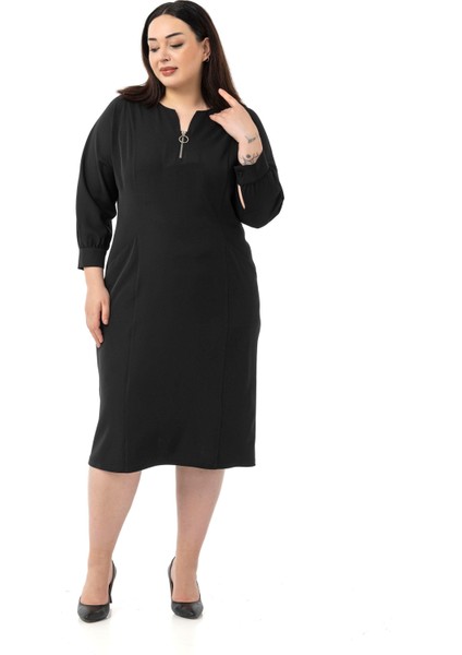 Büyük Beden Yakası Fermuar Detaylı Torba Cepli Truvakar Kol Midi Siyah Elbise
