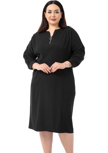 Büyük Beden Yakası Fermuar Detaylı Torba Cepli Truvakar Kol Midi Siyah Elbise fiyatları