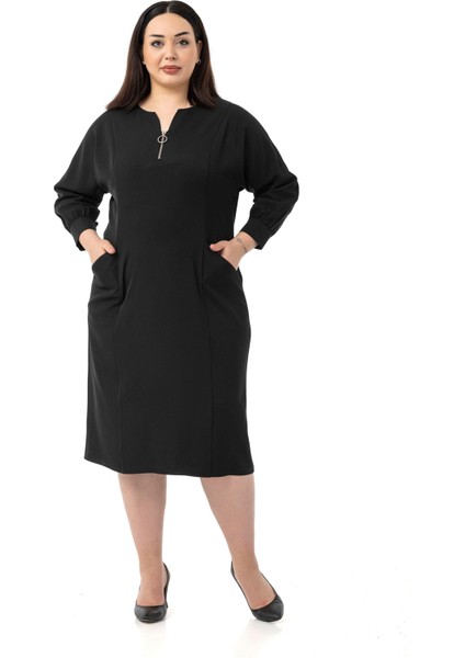 Büyük Beden Yakası Fermuar Detaylı Torba Cepli Truvakar Kol Midi Siyah Elbise fırsatları