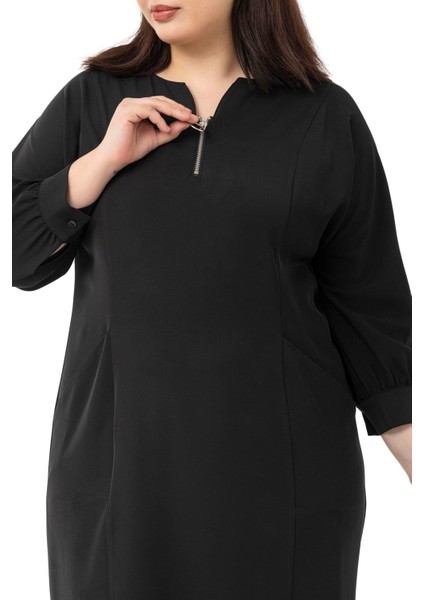Büyük Beden Yakası Fermuar Detaylı Torba Cepli Truvakar Kol Midi Siyah Elbise indirimleri