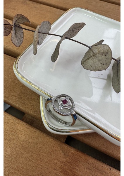 Çelik Kenarları Lacivert Ortası Fuşya Taşlı Yüzük Silver