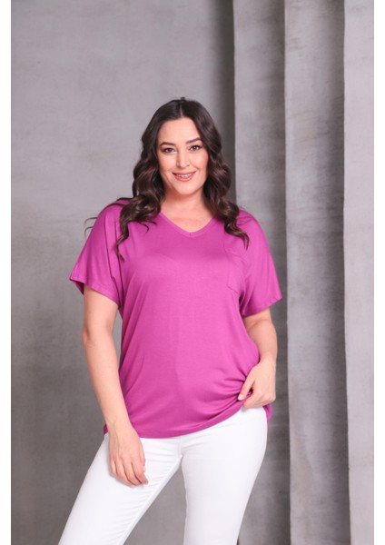 Kadın Büyük Beden Tek Cep Detay Basic Pembe Tişört
