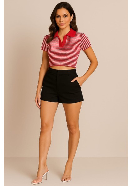 Çizgili Polo Yaka Kadın Crop Tişört Kırmızı