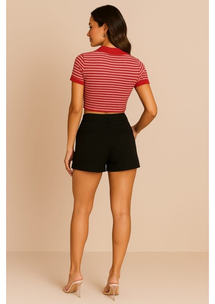 Çizgili Polo Yaka Kadın Crop Tişört Kırmızı fiyatları