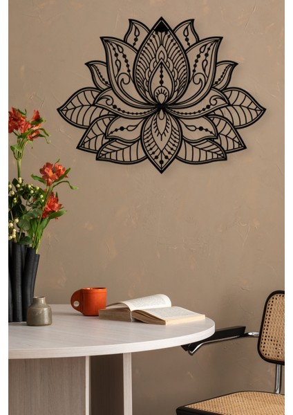 Mandala Lotus Çiçeği Dekoratif Siyah Metal Duvar Tablosu 60X45CM