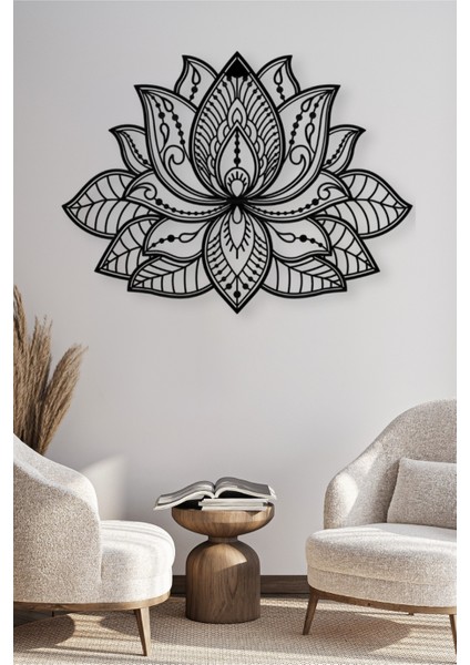 Mandala Lotus Çiçeği Dekoratif Siyah Metal Duvar Tablosu 60X45CM