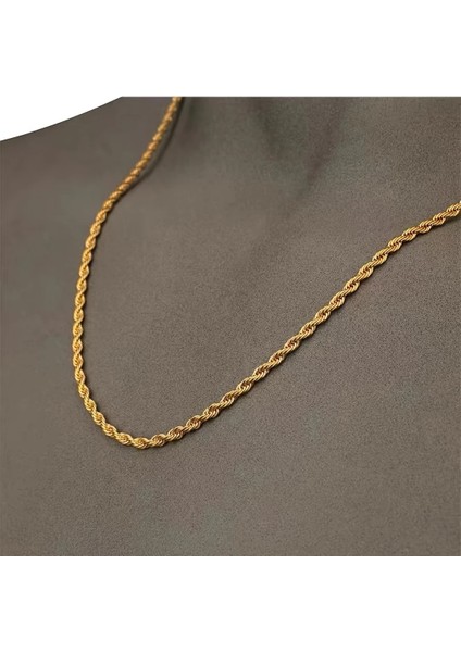 Çelik Kolye Ince Burgu Zincir Model 4 mm Kalınlık 55 cm Uzunluk Altın Sarısı Gold