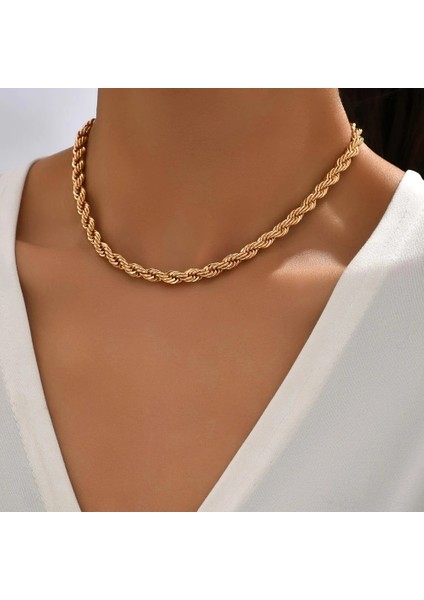 Çelik Kolye Ince Burgu Zincir Model 4 mm Kalınlık 55 cm Uzunluk Altın Sarısı Gold
