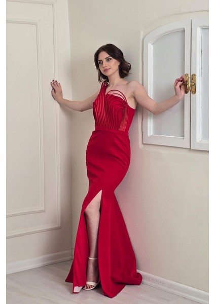 Kırmızı Biyeli Tek Omuz Abiye 7380