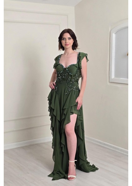 Yeşil Volanlı Şifon Elbise 7250