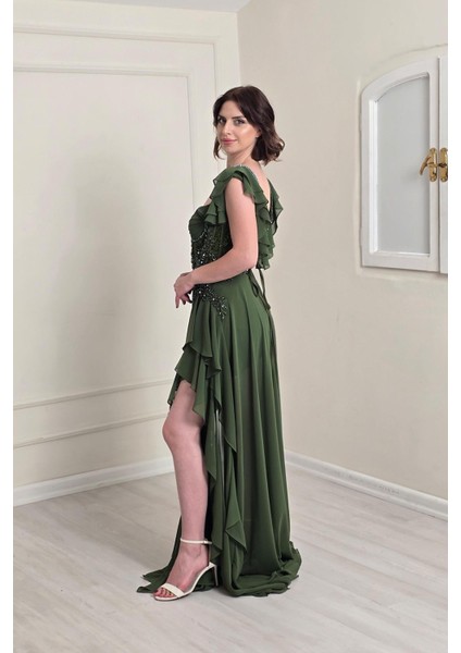 Yeşil Volanlı Şifon Elbise 7250