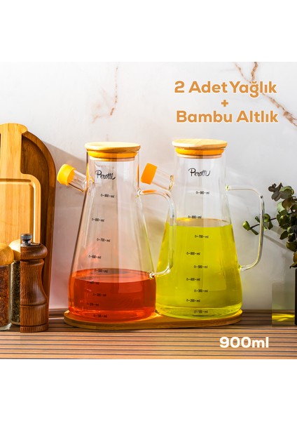 16532 2li Standlı Bambu Kapaklı Borosilikat Cam Yağlık Sirkelik Yağdanlık 900+900 ml