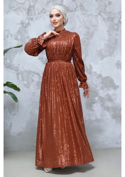 Tesettürlü Abiye Elbise - Payetli Koyu Kiremit Tesettür Abiye Elbise 44961KKRMT