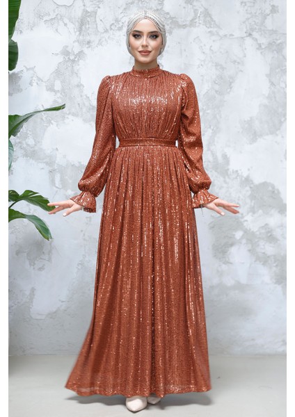Tesettürlü Abiye Elbise - Payetli Koyu Kiremit Tesettür Abiye Elbise 44961KKRMT fiyatları