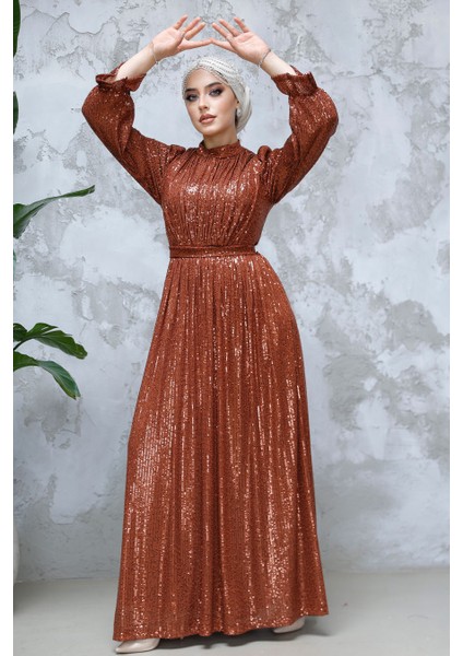 Tesettürlü Abiye Elbise - Payetli Koyu Kiremit Tesettür Abiye Elbise 44961KKRMT modelleri