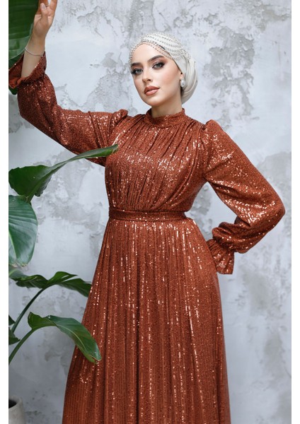 Tesettürlü Abiye Elbise - Payetli Koyu Kiremit Tesettür Abiye Elbise 44961KKRMT fırsatları