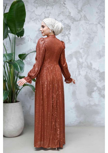 Tesettürlü Abiye Elbise - Payetli Koyu Kiremit Tesettür Abiye Elbise 44961KKRMT indirimleri