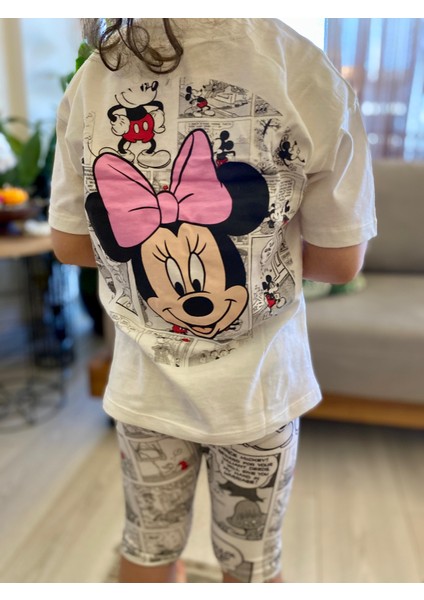 Kız Çocuk Mickey Minnie Mouse Figürlü Sırt Baskılı Beli Lastikli Pamuklu Kumaş Yarım Biker Taytlı Ikili Takım fırsatları