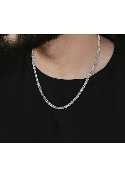 Çelik Kolye Ince Burgu Zincir Model 4 mm Kalınlık 55 cm Uzunluk Gümüş Silver