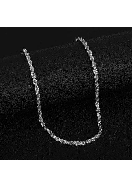 Çelik Kolye Ince Burgu Zincir Model 4 mm Kalınlık 55 cm Uzunluk Gümüş Silver