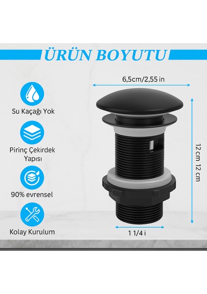 Siyah Pop-Up Lavabo Sifonu – Porselen Başlıklı, Taşmalı Lavabolarla Uyumlu, Kolay Kurulumlu