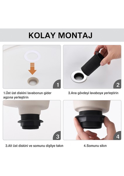 Siyah Pop-Up Lavabo Sifonu – Porselen Başlıklı, Taşmalı Lavabolarla Uyumlu, Kolay Kurulumlu