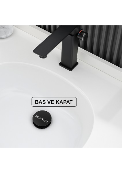 Siyah Pop-Up Lavabo Sifonu – Porselen Başlıklı, Taşmalı Lavabolarla Uyumlu, Kolay Kurulumlu