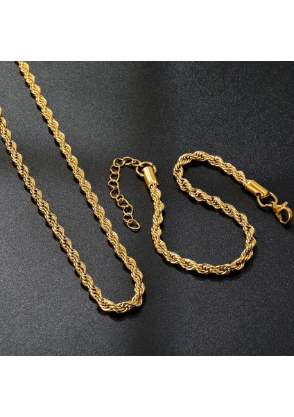 Çelik Takı Seti Bileklik Kolye Ince Burgu Zincir Model 4 mm Kalınlık 18-55 cm Uzunluk Altın Sarısı Gold