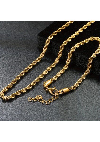 Çelik Takı Seti Bileklik Kolye Ince Burgu Zincir Model 4 mm Kalınlık 18-55 cm Uzunluk Altın Sarısı Gold