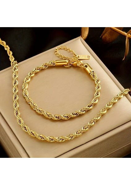 Çelik Takı Seti Bileklik Kolye Ince Burgu Zincir Model 4 mm Kalınlık 18-55 cm Uzunluk Altın Sarısı Gold