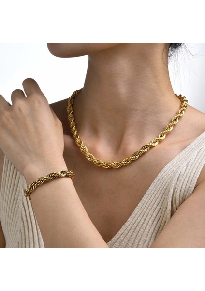 Çelik Takı Seti Bileklik Kolye Ince Burgu Zincir Model 4 mm Kalınlık 18-55 cm Uzunluk Altın Sarısı Gold