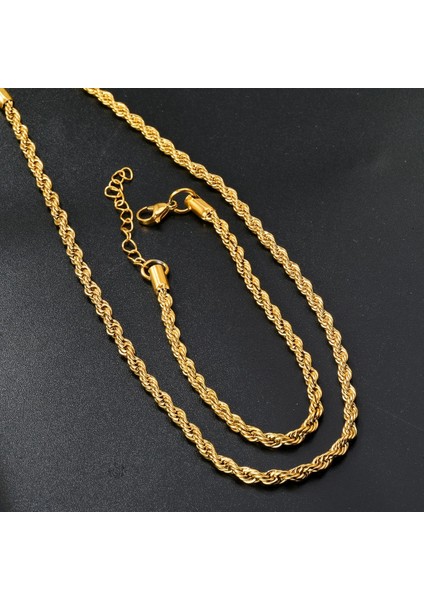 Çelik Takı Seti Bileklik Kolye Ince Burgu Zincir Model 4 mm Kalınlık 18-55 cm Uzunluk Altın Sarısı Gold