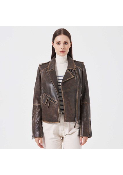 Kahve Hakiki Deri Kadın Hakiki Deri Biker Mont - K23KDM320402-U1I