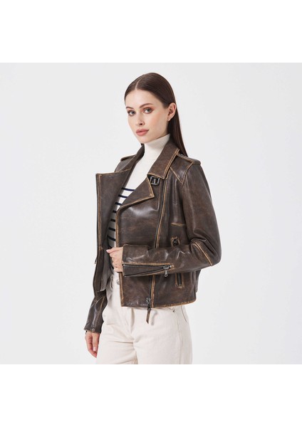 Kahve Hakiki Deri Kadın Hakiki Deri Biker Mont - K23KDM320402-U1I fiyatları