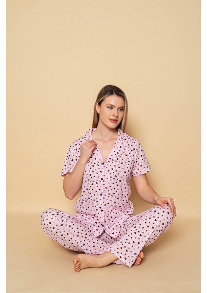 Kadınkalp Desenli Kısa Kol Gömlek Pijama Takımı