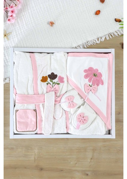 Kız Bebek Lüks Bornoz Takımı Havlu Seti % 100 Pamuk Kumaş 0- 2 Yaş STL7004