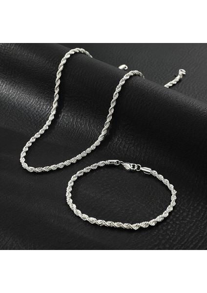 Çelik Takı Seti Bileklik Kolye Ince Burgu Zincir Model 4 mm Kalınlık 18-55 cm Gümüş Silver