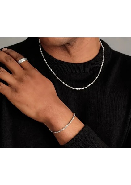 Çelik Takı Seti Bileklik Kolye Ince Burgu Zincir Model 4 mm Kalınlık 18-55 cm Gümüş Silver
