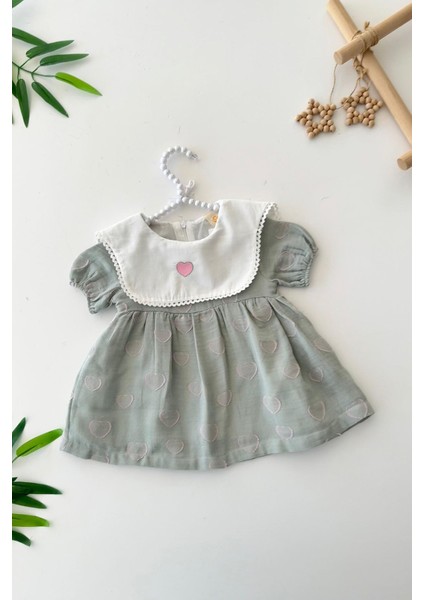 Kalp Detaylı Yakalı Kız Bebe Astarlı elbise - Yeşil